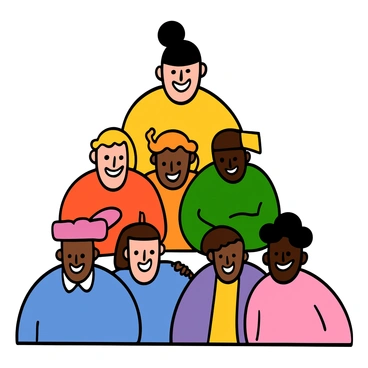 A pyramid structure made of people, with several individuals forming the layers. At the top, there is a person with light skin and short black hair, smiling down at the others below. The people in the layers are of various skin tones and hairstyles, wearing colorful casual clothing. The individuals in the lower layers are looking up at the person at the top, displaying a sense of joy and teamwork. The overall composition is lively, showcasing the diverse group in a moment of unity and happiness.