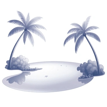 A serene lagoon with still water reflecting the surroundings. The lagoon is bordered by towering palm trees, their long fronds swaying gently in a light breeze. Along the edges of the water, there are patches of lush greenery. The scene is filled with detailed textures of the palm trunks and the smooth surface of the lagoon. There are small ripples in the water where nature plays, perhaps from the movement of small fish or insects on the surface. The atmosphere feels peaceful and harmonious, showcasing the beauty of this natural environment.