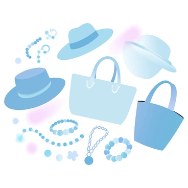 A collection of fashion accessories displayed in an organized manner. The scene features a variety of hats, including a wide-brimmed sun hat and a stylish fedora. Several bags are arranged nearby, showcasing different styles such as a sleek handbag and a vibrant tote. Various pieces of jewelry, like necklaces, bracelets, and rings, are artistically laid out, glimmering softly. The background has a gradient of pastel colors to enhance the visual appeal of the accessories.