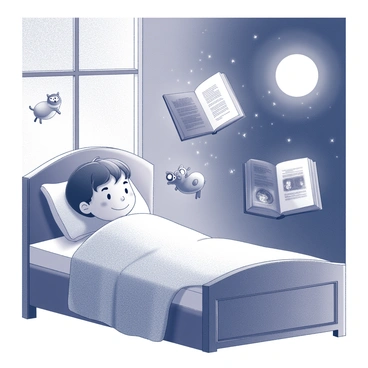 A child is lying comfortably in bed, covered with a soft blanket. The bed is tucked against a wall with a simple headboard. Above the child, the night sky is visible through a window, filled with stars and a large, glowing moon. Floating books drift gently in the air, their pages slightly open, revealing illustrated stories. Friendly creatures, resembling whimsical animals, float alongside the books, looking curious and playful. The room is dimly lit, with a nightlight casting gentle shadows, enhancing the dreamlike atmosphere.