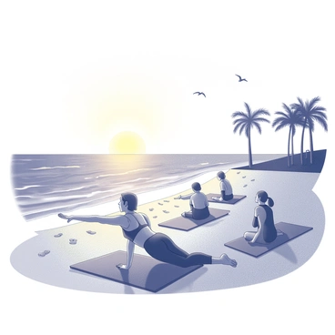 A beach setting during sunset. The sun is low on the horizon, casting soft shadows and creating a warm atmosphere. In the foreground, a yoga instructor demonstrates a "thread-the-needle" stretch on a yoga mat. Surrounding the instructor, a group of individuals are positioned in similar poses on their mats. The beach has gentle waves lapping at the shore, and footprints in the sand lead toward the water's edge. Silhouettes of palm trees frame the scene, and a few seagulls can be seen flying above.