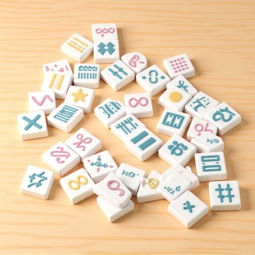 A domino set displayed on a wooden table, where each domino piece features a unique design to represent different allele combinations. Each piece has a distinct color scheme, with vibrant patterns and symbols illustrating various genetic traits. The dominos are laid out in an organized manner, showcasing their diversity, with some having bold, contrasting colors and others featuring softer hues. The tabletop has a warm, natural finish, enhancing the visibility of the colorful domino designs.