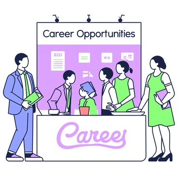 An illustration of a career fair booth is set up in a spacious convention center. The booth features a large banner with the phrase "Career Opportunities" prominently displayed in quotes. Two representatives, a man and a woman, are standing behind a table covered in brochures and business cards. The man has short hair and is wearing a blue blazer, while the woman is dressed in a green dress. They are engaged in conversation with a group of three graduates, one of whom is holding a portfolio. The graduates are dressed in professional attire, looking attentive and interested. Various informational materials are neatly arranged on the table, along with a small potted plant in the center.