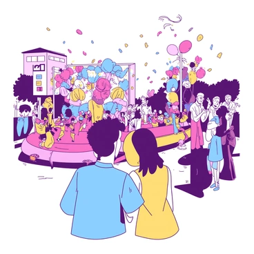 Two friends are standing side by side on a street watching a vibrant parade. One friend is wearing a blue shirt and has a big grin on their face, while the other is in a yellow outfit, waving a small flag. In front of them, there are colorful floats decorated with flowers and balloons, each float showcasing dancers in bright costumes. The dancers are performing energetic routines, and confetti is floating in the air around them. The scene is lively, with spectators clapping and cheering, adding to the festive atmosphere of the parade.