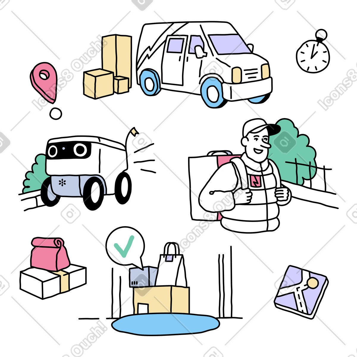 Notes スタイルの Delivery van, robot, courier and doorstep のイラストをPNG、SVG形式でダウンロード