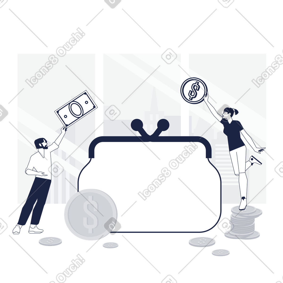 Ilustração de Colleagues saving funds in big purse, Budgeting and financial planning em no estilo Urban Line para baixar em PNG, SVG