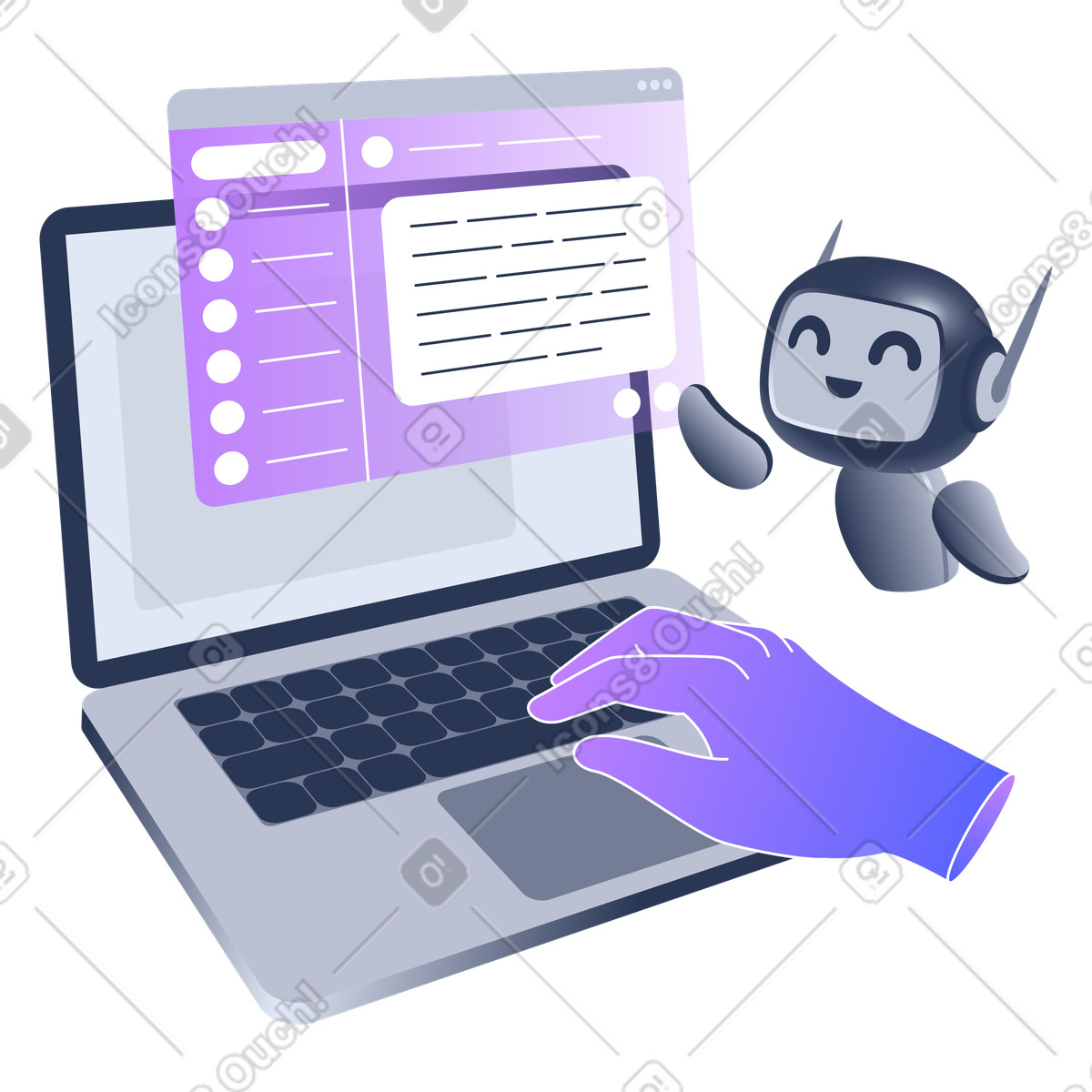 AI chatbot in messaging app on laptop, Enhanced communication with artificial intelligence illustration in Lucent style download in PNG, SVG