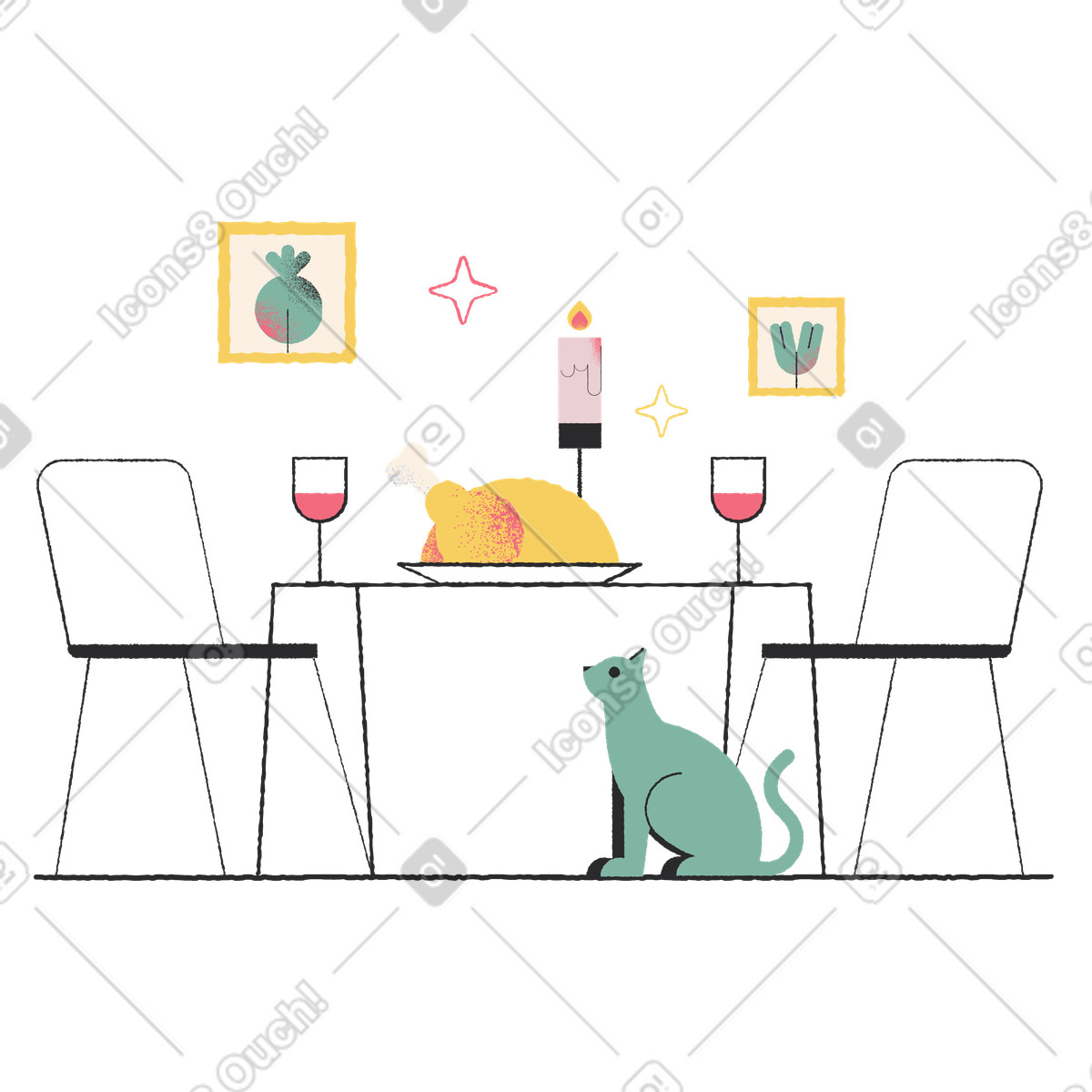 Thanksgiving dinner table with a cat sitting under it illustration in Pablo style download in PNG, SVG