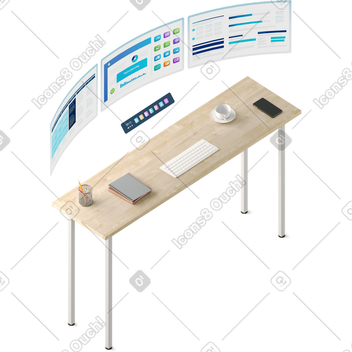 Illustration High table and vr-monitors dans le style 3D Business à télécharger aux formats PNG, SVG