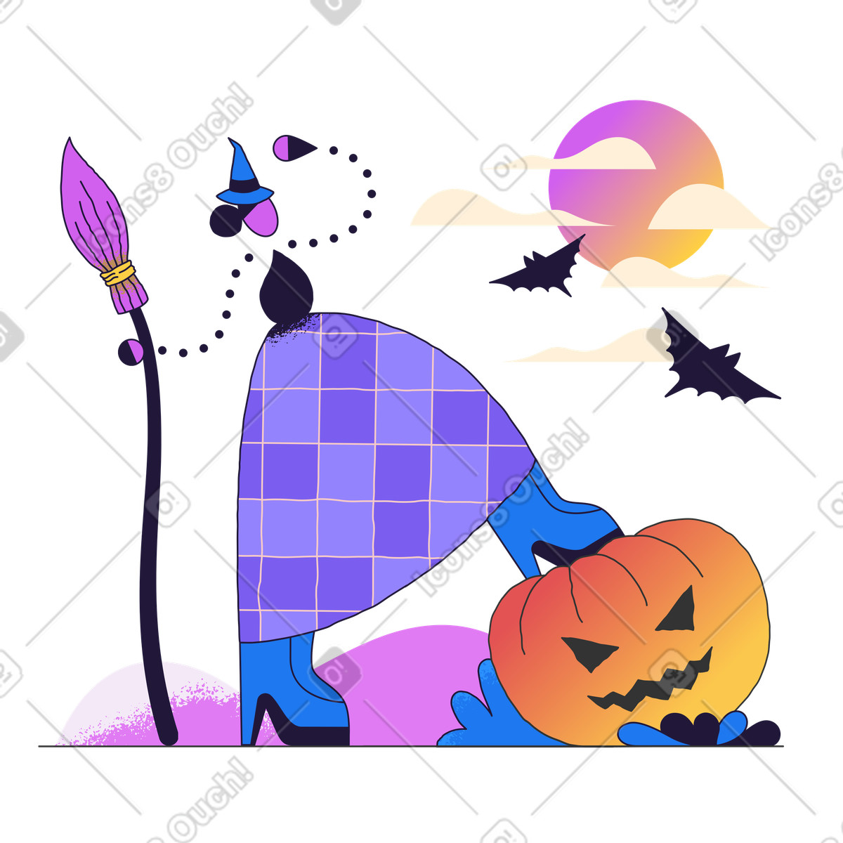 호박과 박쥐를 들고 있는 마녀 illustration in Conifer style download in PNG, SVG