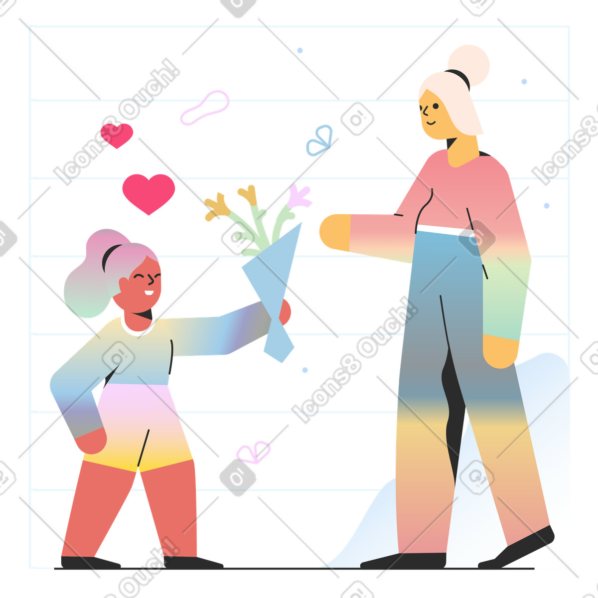 Mädchen gibt mama blumenstrauß-Illustration im Marginalia-Stil als Download in PNG, SVG