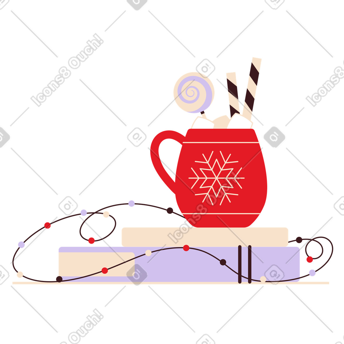 Festive mug and books with a garland of lights, Cozy holiday reading illustration in Folks style download in PNG, SVG