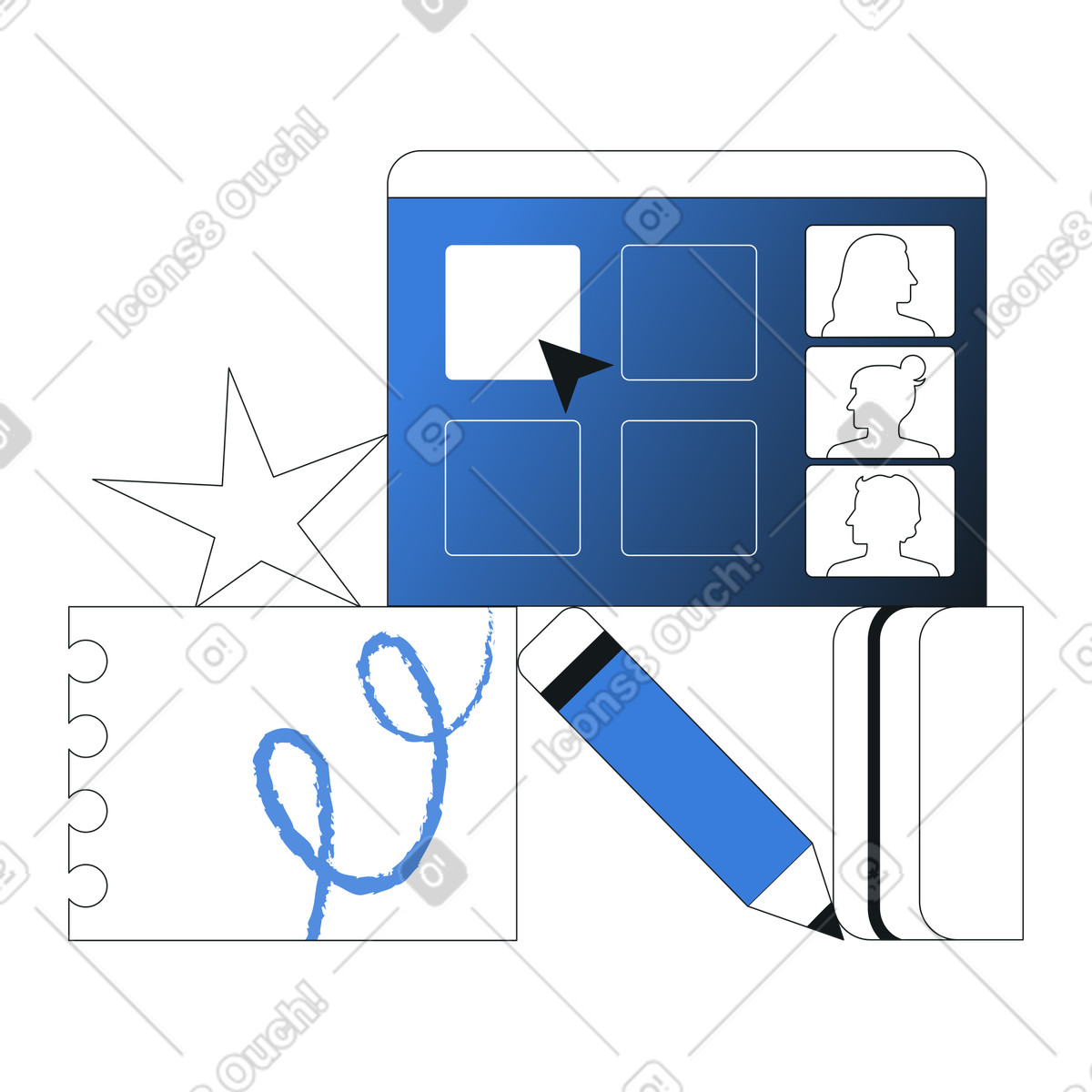 Interactive online classroom interface and school supplies, remote study and digital learning experience illustration in Midnight style download in PNG, SVG
