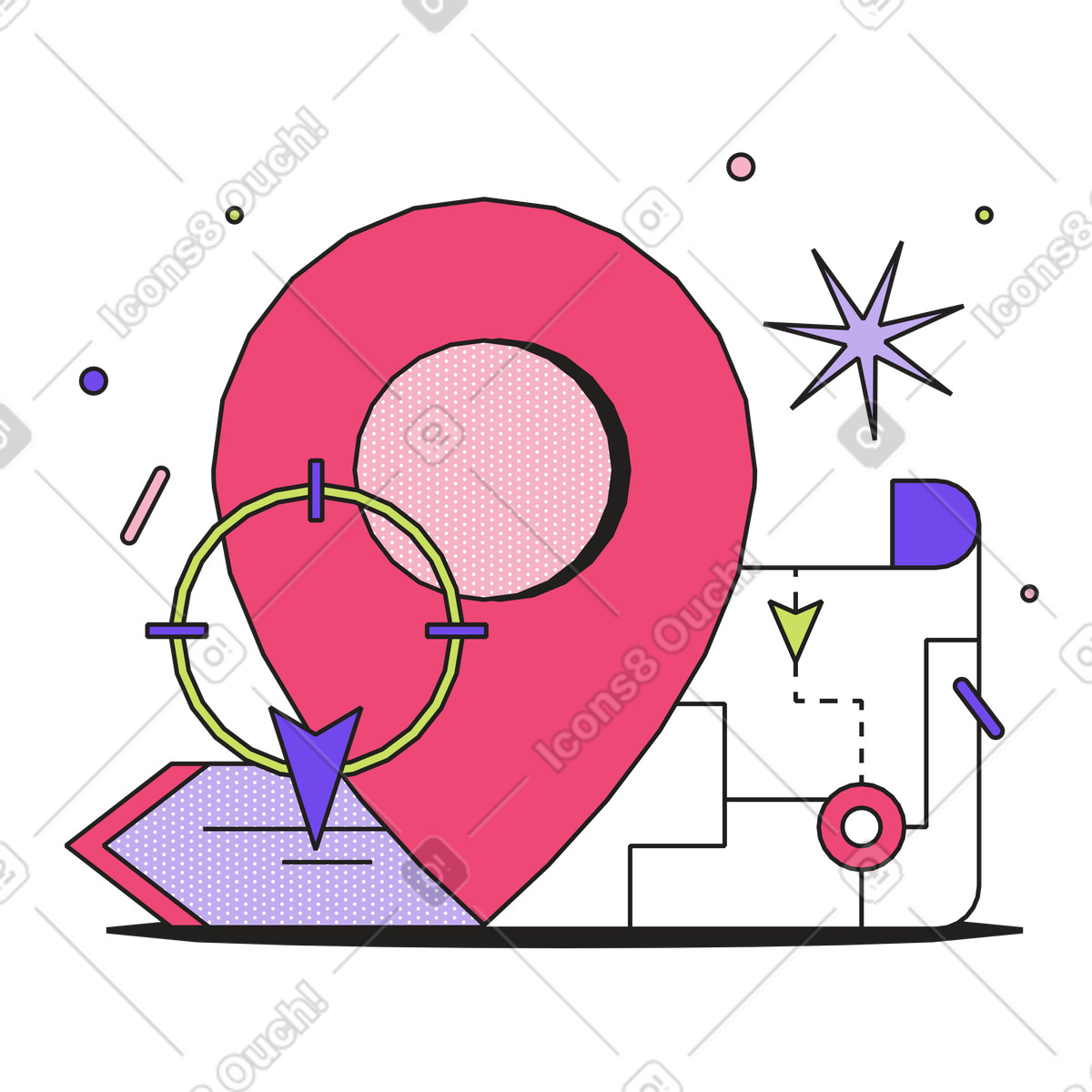 Ilustración animada Mapa de navegación con geoetiqueta en estilo Dazzle a descargar en GIF, Lottie (JSON), AE