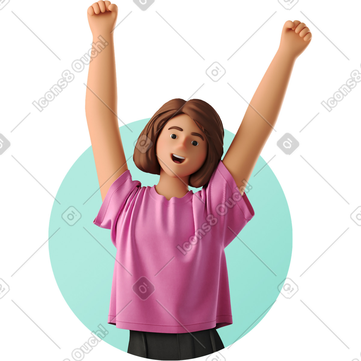 Avatar of joyful woman raising her fists up illustration in 3D Business style download in PNG, SVG