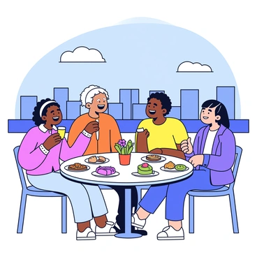 A rooftop restaurant setting with a view of city buildings in the background. A group of four friends are seated around a round table filled with various brunch dishes such as pancakes, avocados, and salads. Each friend has a different hairstyle and is wearing casual, colorful clothing. They are all laughing, with one friend holding a glass of orange juice, while another is playfully reaching for a plate. The table is adorned with a small vase containing fresh flowers. The sky above is clear with a few fluffy white clouds.