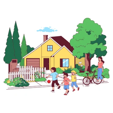 A yellow house with a white picket fence is situated on a quiet street in a residential area. In the front yard, two children are playing with a red ball, laughing and running around. Nearby, a pair of neighbors are chatting, one holding a brown dog on a leash. Flower beds with colorful blooms surround the homes, and tall green trees provide shade over the sidewalk. A bicycle rests against the fence, adding to the lively atmosphere.