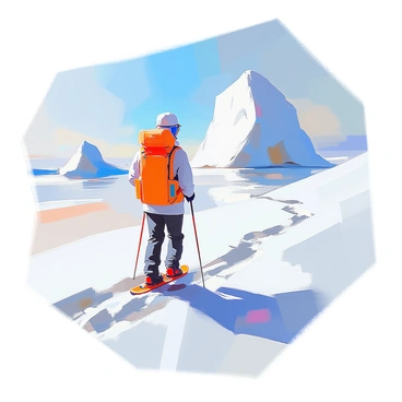 A hiker wearing bright red snowshoes is trekking through a vast expanse of untouched snow in Antarctica. The snow glistens under the bright sunlight, creating a brilliant contrast against the clear blue sky. The hiker is dressed in a warm, insulated jacket and a thick hat, with goggles protecting their eyes from the glare. In the distance, towering icebergs rise majestically, adding to the stark beauty of the landscape. The hiker's footprints leave a series of impressions in the pristine snow, emphasizing the sense of isolation and adventure in this remote wilderness.