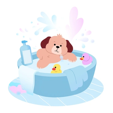 A fluffy puppy with soft fur is being gently bathed in a small, round tub filled with bubbles. The tub is set on a tiled floor, and droplets of water are glistening in the air. The puppy is playfully splashing water, creating small ripples in the tub. A bottle of shampoo is placed beside the tub, and a towel is neatly folded nearby. There are colorful rubber duck toys floating in the tub, adding a cheerful touch to the scene. The background features a bright, pastel-colored bathroom setting.