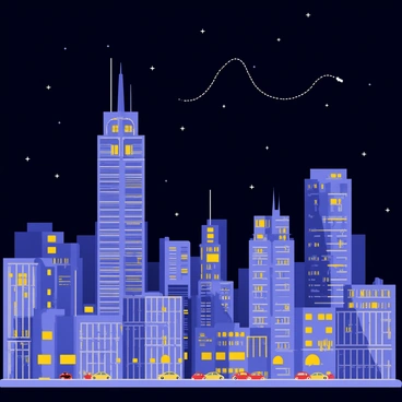 A city skyline at night, with tall skyscrapers glowing with bright lights. The buildings have a mix of glass and concrete facades, reflecting the light from the streets below. "The Big Dipper" is visible in the dark sky, its stars sparkling clearly above the urban landscape. The contrast between the twinkling stars and the vibrant city lights adds depth to the scene. The atmosphere is lively, with small dots of lights indicating cars moving on the streets.