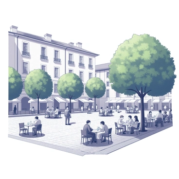 A historical square in Grenoble, filled with people engaging in various activities. The square is surrounded by classic architecture with ornate facades and balconies. Several street cafes with tables and chairs are set up, where patrons are seated and enjoying their drinks. A few people are walking by, while others are conversing in groups. Lush green trees are planted around the square, providing shade. The cobblestone pavement adds to the historical atmosphere. Some individuals are wearing traditional attire that reflects the local culture.