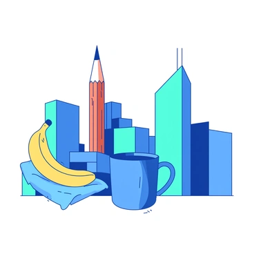 A blue city skyline is filled with various buildings that resemble random objects. One building is shaped like a yellow banana, curving gracefully upwards against the sky. Next to it, another structure looks like a tall orange pencil, its tip pointed upward and its body featuring a realistic wood texture. The skyline also includes a teal building shaped like a giant coffee mug, complete with a curved handle. In the background, there are more whimsical structures, each uniquely shaped, adding to the playful nature of the scene. The sky is bright and clear, enhancing the vivid colors of the skyline.