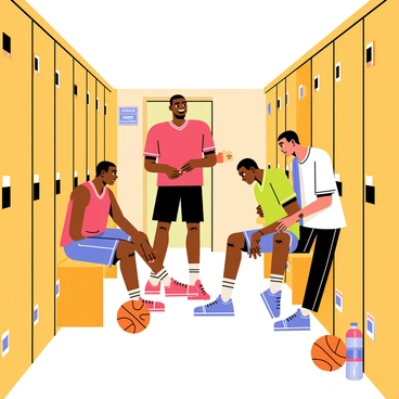 A locker room scene featuring "Michael Jordan" standing and chatting with his teammates. The room is filled with wooden lockers, each adorned with sports jerseys and equipment. "Michael Jordan" is wearing a red basketball jersey with black shorts, his expression lively as he interacts with two teammates. One teammate is seated on a wooden bench, tying his shoelaces, while the other is leaning against a locker, holding a towel around his neck. Basketballs and water bottles are scattered around the floor, and a scoreboard can be seen through the open door in the background.
