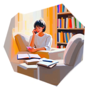 A person with medium skin tone is sitting in a plush, comfortable armchair with soft upholstery. They have short, dark hair and a focused expression as they hold a smartphone to their ear. A notepad with a pen is resting on a small table beside them, while a warm light illuminates the cozy corner of the room. The armchair is positioned near a bookshelf filled with various books, creating an inviting atmosphere for the survey.
