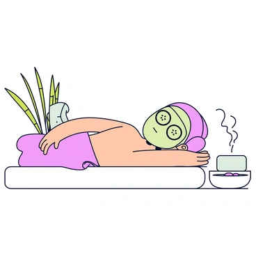 A person lying on a white spa treatment table, wearing a light green face mask. Their eyes are covered with slices of fresh cucumber. The person is surrounded by soft, neutral-toned towels and has a small bowl of water with floating flower petals nearby. A gentle aroma diffuser with steam is present, adding to the relaxing atmosphere. Soft bamboo plants are visible in the background, enhancing the serene spa environment.