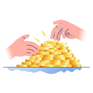 A pair of hands with light skin is reaching out towards a large pile of gleaming gold coins. The coins are stacked haphazardly, reflecting bright light and creating a warm glow. The hands are adorned with simple silver rings and appear poised to grasp the coins. Surrounding the pile, there is a textured surface that adds depth to the scene, creating a contrast against the shiny gold.