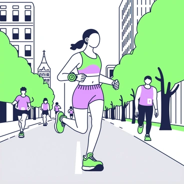 An athlete is running in a bustling city environment. The athlete is wearing a fitted running outfit, which includes a tank top and shorts. On their wrist, they are checking the heart rate displayed on a smartwatch, which has a bright screen. The runner's face shows focus and determination as they maintain their pace. Surrounding them, there are tall buildings with windows reflecting the sunlight and people walking on the sidewalks. There are green trees lining the street, and the ground is paved with gray asphalt. The scene captures the energy and vibrancy of the city.