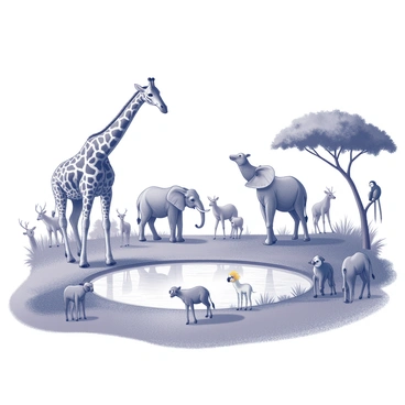 A variety of jungle animals gathered around a watering hole. A tall giraffe bends down to drink, its long neck stretching gracefully. Nearby, a group of elephants with large ears and trunks playfully splash water. A colorful parrot perches on a low branch, observing the scene. A family of deer stands calmly at the edge of the water, while a few monkeys swing playfully from the trees above. The lush foliage surrounds the area, creating a vibrant habitat for these animals.