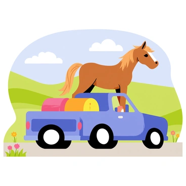 A small pony with a shiny chestnut coat and a white blaze on its forehead is standing in the back of a blue pickup truck. Its long mane gently flows in the wind as it gazes curiously out towards the open country road. The background features green rolling hills and a clear blue sky, dotted with a few fluffy white clouds. The truck's cargo bed is filled with colorful hay bales, and a few wildflowers can be seen along the roadside, adding to the rural charm of the scene.
