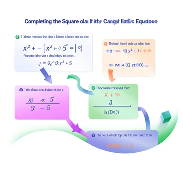 A modern pastel illustration depicting a step-by-step guide to the "Completing the Square" method for solving quadratic equations. The first step features a simple quadratic equation, such as "x^2 + 6x + 5 = 0," displayed in a clear font. The second step shows the equation rearranged to isolate the constant on one side, with arrows guiding the eye. The third step illustrates the addition of a specific value to both sides, with the value highlighted in a contrasting color. The fourth step presents a perfect square trinomial on one side, with the corresponding factored form illustrated next to it, depicted as "(x + 3)^2." The final step shows the solution to the equation, with the word "Solution" clearly labeled, and the value of x displayed prominently. Each step is enclosed within soft-colored boxes for clarity, and arrows connect the steps sequentially.