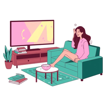 A girl with long brown hair is sitting comfortably on a teal sofa, her legs tucked up underneath her. She is wearing a pink sweater and has a content expression on her face as she watches a large flat-screen television mounted on the wall in front of her. The living room is warmly lit, with a small white coffee table in front of the sofa, holding a bowl of popcorn. A patterned rug lies on the floor, and there are a few potted plants nearby, adding a touch of greenery to the cozy environment. A stack of colorful books is placed beside the sofa, completing the inviting atmosphere of the room.