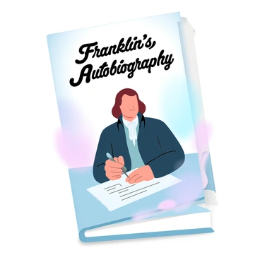 An illustration of a book cover featuring the title "Benjamin Franklin's Autobiography" prominently displayed at the top in elegant font. Below the title, there is a depiction of a historical figure dressed in 18th-century clothing, with a prominent presence indicative of Benjamin Franklin. He is shown with a quill in hand, poised as if writing on a parchment. The background incorporates gradient pastel colors, blending soft hues that enhance the overall composition without overwhelming the central figure and text.