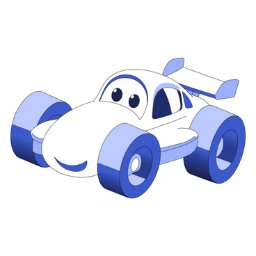 A whimsical cartoon racecar is centered in the image. The racecar features exaggerated large wheels that give it a playful appearance. Its body is streamlined and rounded, enhancing its cartoonish nature. The front of the racecar displays a charming expression, with large, friendly eyes and a wide smile. The headlights are oversized, contributing to the overall exaggerated look. The outline of the racecar is bold, giving it a distinct and striking presence. The background is simple to keep the focus on the racecar design.