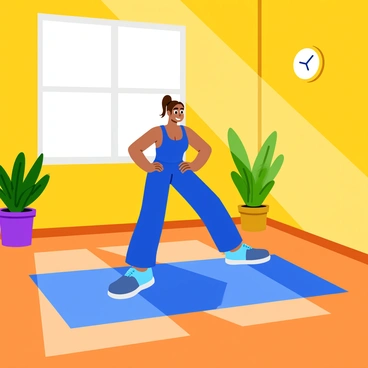 A person performing hip thrusts on an exercise mat in a sunlit room. The individual is wearing a bright blue workout outfit, and their hair is pulled back in a ponytail. Sunlight streams through a large window, casting warm light onto the floor. The room has a few potted plants in the background, adding a touch of green. A small clock on the wall shows the early morning hour. The floor is wooden and polished, enhancing the vibrant atmosphere of the space.