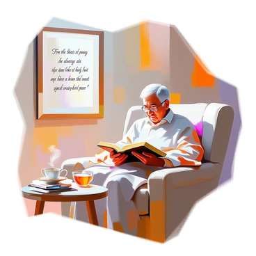 An older person sitting quietly in a cozy armchair, reading the Bible, with a comforting Bible verse about peace framed on the wall.