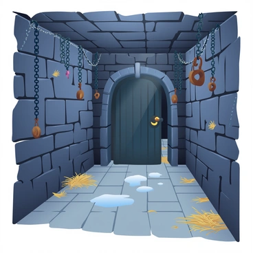 A dark dungeon cell with stone walls shows signs of age and neglect. Rusty chains dangle from the cold, damp walls, casting shadows in the dim light. Old shackles hang from the chains, indicating their long-abandoned use. The floor is covered with scattered straw and dirt, and a small puddle of water reflects a faint glimmer of light. Cobwebs stretch across the corners of the room, adding to the overall atmosphere of desolation. A heavy iron door stands slightly ajar, revealing a glimpse of the corridor beyond.