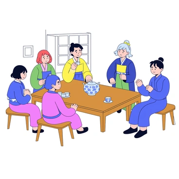 A traditional Korean tea ceremony taking place indoors. A wooden table is elegantly set with a beautiful ceramic tea set, including a teapot, cups, and a tea tray. The tea set features intricate patterns and a soothing color palette. Surrounding the table are several guests dressed in colorful hanbok, the traditional Korean attire, each engaged in the ceremony. The guests display expressions of focus and respect as they interact with the tea. Soft natural light filters through a window, highlighting the serene atmosphere of the moment.
