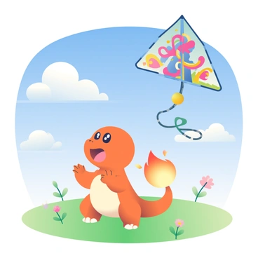A Charmander with bright orange scales and a fiery tail flame is standing in a wide open field. The sky above is clear blue, and fluffy white clouds are scattered throughout. The Charmander is holding a colorful kite in its small hands, with intricate designs of dragons and swirls. The kite is soaring high in the air, its vibrant colors contrasting against the sky. The field is lush and green, dotted with wildflowers of various colors. In the background, a gentle breeze is causing the grass to sway slightly, adding a sense of motion to the scene. The Charmander wears an excited expression, showcasing its enthusiasm as it watches the kite dance in the wind.