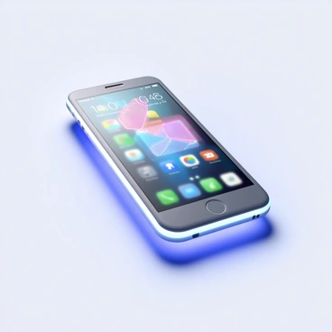 A new smartphone with a sleek design featuring a glass front and back. The body is a metallic silver with subtle curved edges, creating a modern look. The screen displays a vibrant, futuristic interface with colorful icons and a holographic effect. Glowing highlights outline the edges of the phone and illuminate the surrounding area in a soft, blue light. The background is minimalistic to emphasize the smartphone's advanced features, and the overall composition suggests innovation and cutting-edge technology.