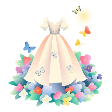 A flounce gown with intricate butterfly motifs is displayed in the center of a vibrant garden. The gown features layers of flowing fabric in soft pastel colors, with detailed patterns of butterflies in various sizes and hues adorning it. Surrounding the gown, numerous real butterflies flutter gracefully, showcasing vibrant wings in shades of blue, orange, and yellow. The garden is filled with blooming flowers in shades of pink, purple, and white, creating a colorful backdrop. The sun casts a gentle light on the scene, enhancing the delicate nature of the butterflies and the elegance of the gown.