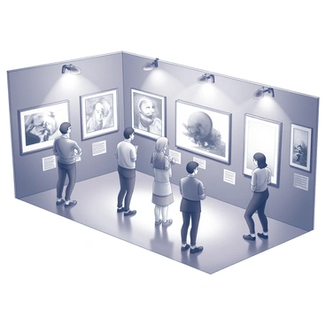 A spacious exhibition area filled with large printed illustrations. The walls are adorned with framed classic and modern artworks, showcasing diverse styles and techniques. Below each print, small descriptive plaques provide information about the artists and their works. The floor is polished and reflects the light from strategically placed spotlights that highlight the illustrations. Visitors can be seen admiring the prints from different angles, engaging in discussions about the art displayed around them. The overall atmosphere is focused and contemplative, encouraging appreciation for the artistry on display.