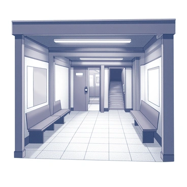 A small exit door located at the far end of a large, empty subway station. The station features high ceilings with exposed metal beams and a tiled floor that echoes the silence. Fluorescent lights illuminate the space, casting soft shadows. The walls are lined with minimalist advertisements, and the benches are unoccupied. The exit door is slightly ajar, revealing a glimpse of the dimly lit corridor beyond. A faint outline of a staircase can be seen leading away from the station.