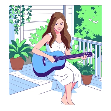 A blue guitar is resting in the lap of a young woman named Bella Swan, who is sitting on a white wooden porch. She has long, flowing brown hair that gently cascades over her shoulders. Bella is wearing a light summer dress adorned with small floral patterns. Around her, there are vibrant green potted plants and hanging flowers adding to the lush greenery of the scene. The sunlight filters through the leaves, casting soft shadows on the porch floor. Bella is smiling softly as she strums the guitar, creating a warm and inviting atmosphere.
