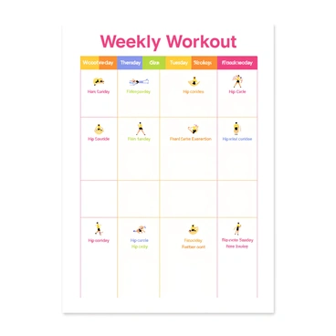 A weekly workout planner featuring a grid layout with seven columns, each labeled with a day of the week. Each column has a distinct color, creating a vibrant look. The planner includes a header that reads "Weekly Workout Planner" in bold, stylized font. Each day contains specific hip circle exercises highlighted in bold text. The exercises are illustrated with small icons next to them, showing a person performing each hip circle exercise. The overall design is clean and organized, making it easy to read.