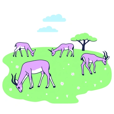 A group of impalas is grazing in a wide open grassland. Some impalas are standing while others are bending down to eat the grass. The grass is lush and stretches far into the distance, dotted with occasional patches of small flowers. In the background, there are a few acacia trees with flat tops, providing shade. The sky above is clear with a few fluffy clouds, and the sunlight casts gentle shadows on the ground. The impalas have sleek bodies with graceful legs, and their coats are smooth and shiny.