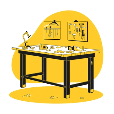 A woodworking bench made of sturdy, dark wood stands in a garage. The surface of the bench is scattered with yellow wood shavings and various tools, including a saw, chisels, and a measuring tape. There is a work light mounted above the bench illuminating the area. On the wall behind the bench, a pegboard holds additional tools organized neatly. The floor is concrete and shows signs of wear from heavy use.